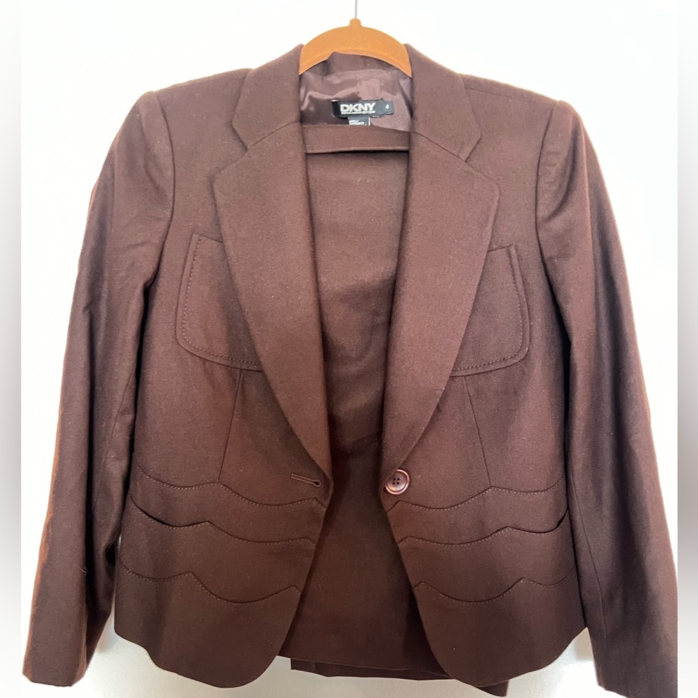 DKNY Vintage Wool Chocolate Brown Blazer with Scallop Waist Details